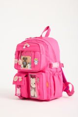 Roxbros Kawaii Kore Tarzı Aksesuarlı 3'lü Set Çocuk İlkokul Çantası Kalemlikli Beslenme Çantalı Sırt Çantası (FUSYA)