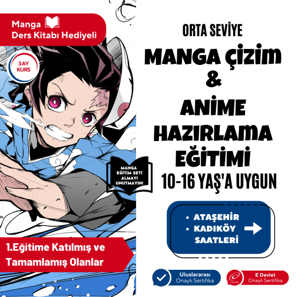 Manga Çizim ve Anime Hazırlama Eğitimi (Orta Seviye)(10-16 Yaş) - Yüz Yüze Sertifika İstemiyorum - 3 Aylık