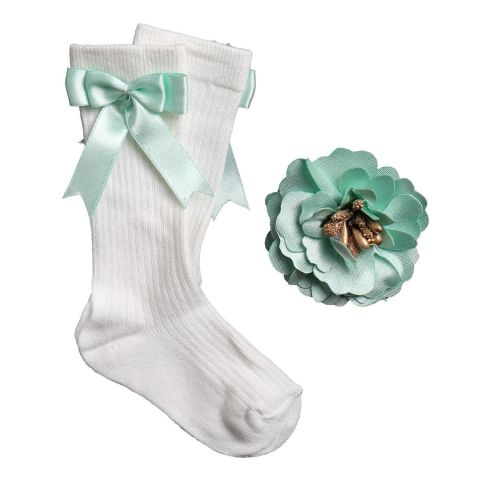 Kurdela Detaylı Kız Çocuk Çorap & Gül Detaylı Toka Mint - 5-6 Yaş
