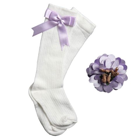 Kurdela Detaylı Kız Çocuk Çorap & Gül Detaylı Toka Lila - 5-6 Yaş