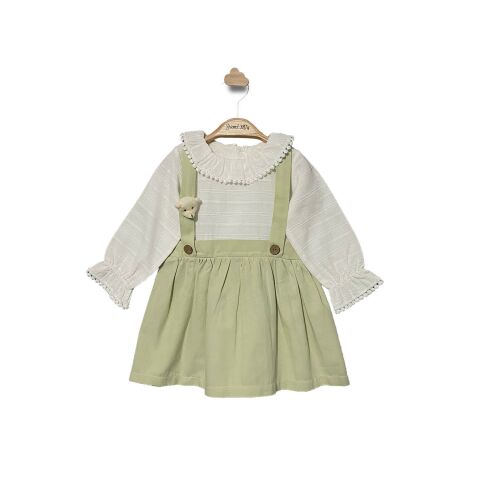 Ayıcık Detaylı Kız Bebek Elbise Yeşil - 9-12 Ay