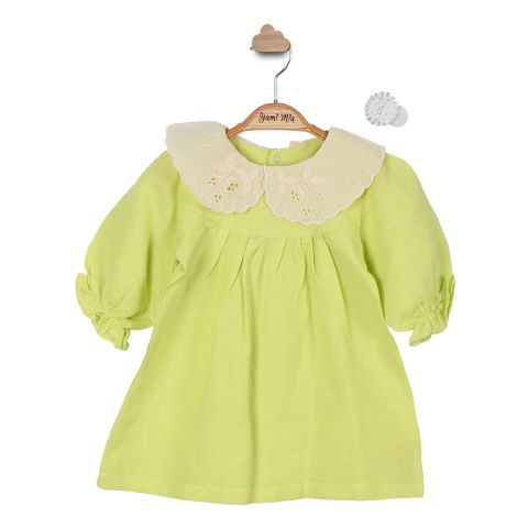 Fisto Yaka Keten Çocuk Elbise Toka Takım Fıstık Yeşili - 2 Yaş