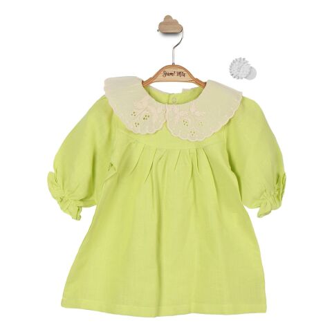Fisto Yaka Keten Çocuk Elbise Toka Takım Fıstık Yeşili - 4 Yaş