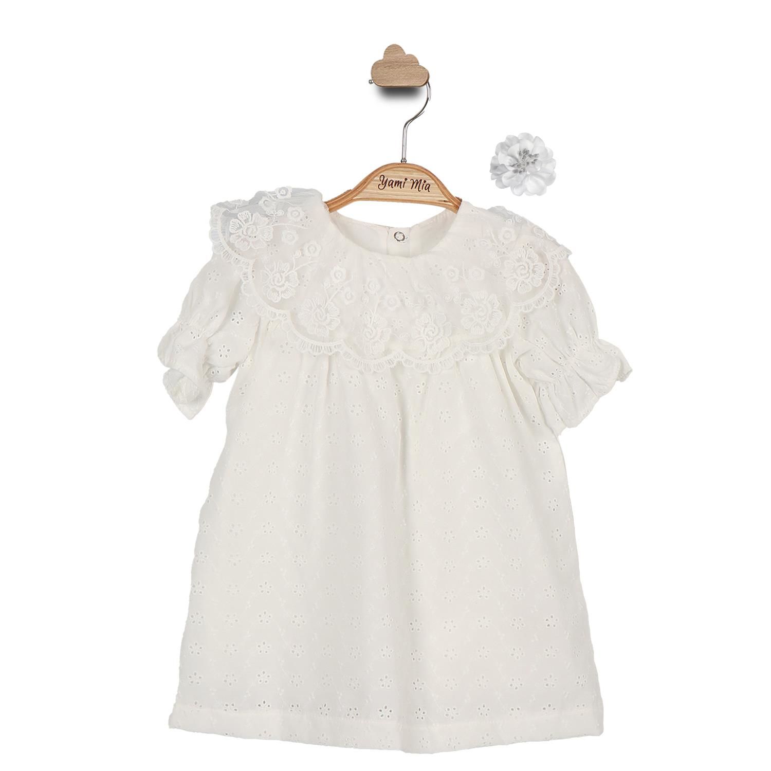 Dantel Yaka Fisto Çocuk Elbise Toka Takım Beyaz - 4 Yaş