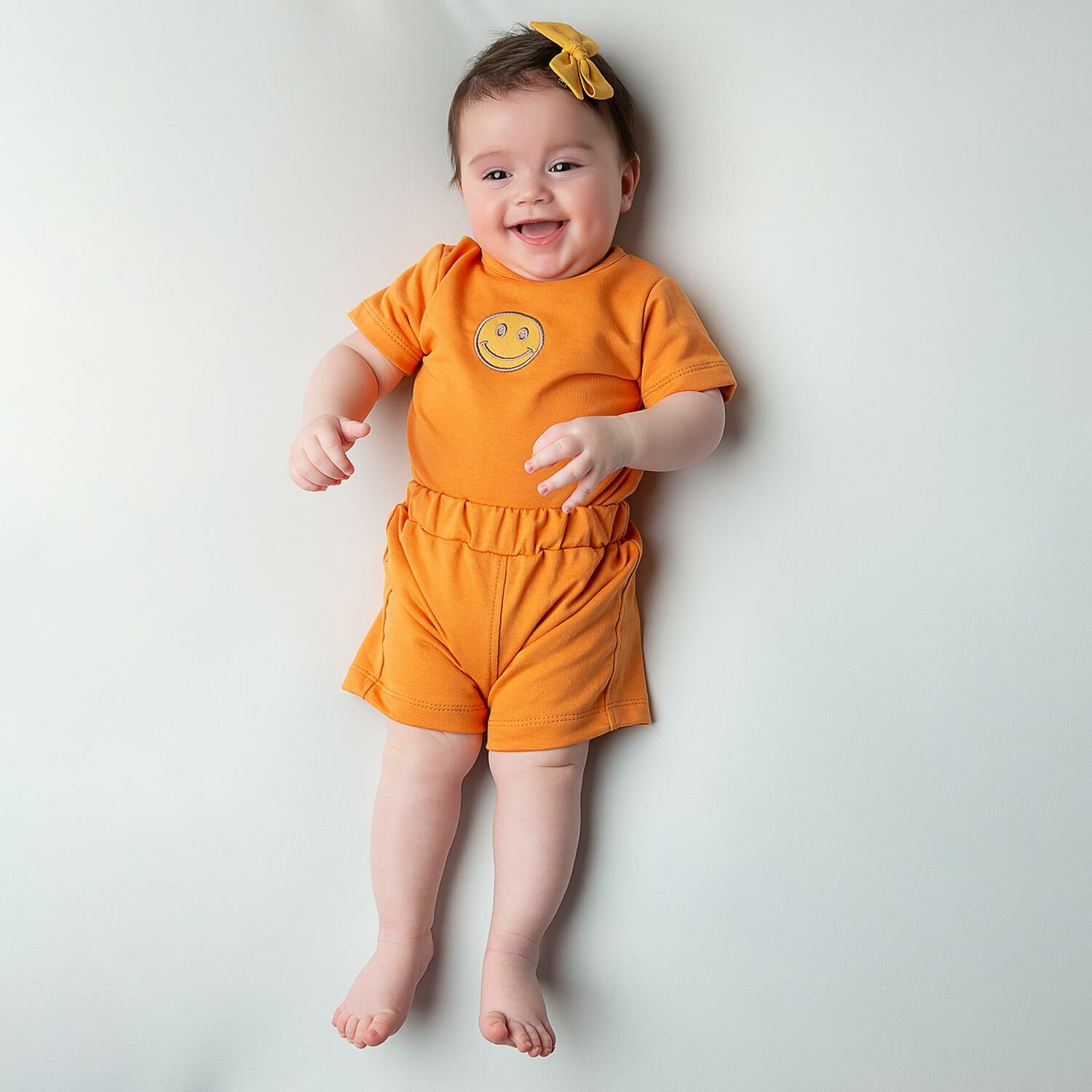Gülen Yüz Nakışlı Bebek Şort Takımı Oranj - 3-6 Ay