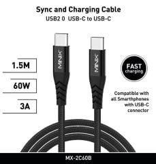 Minix MX-2C60B 60W 3A Type-C to Type-C 1.5M Kablo Siyah