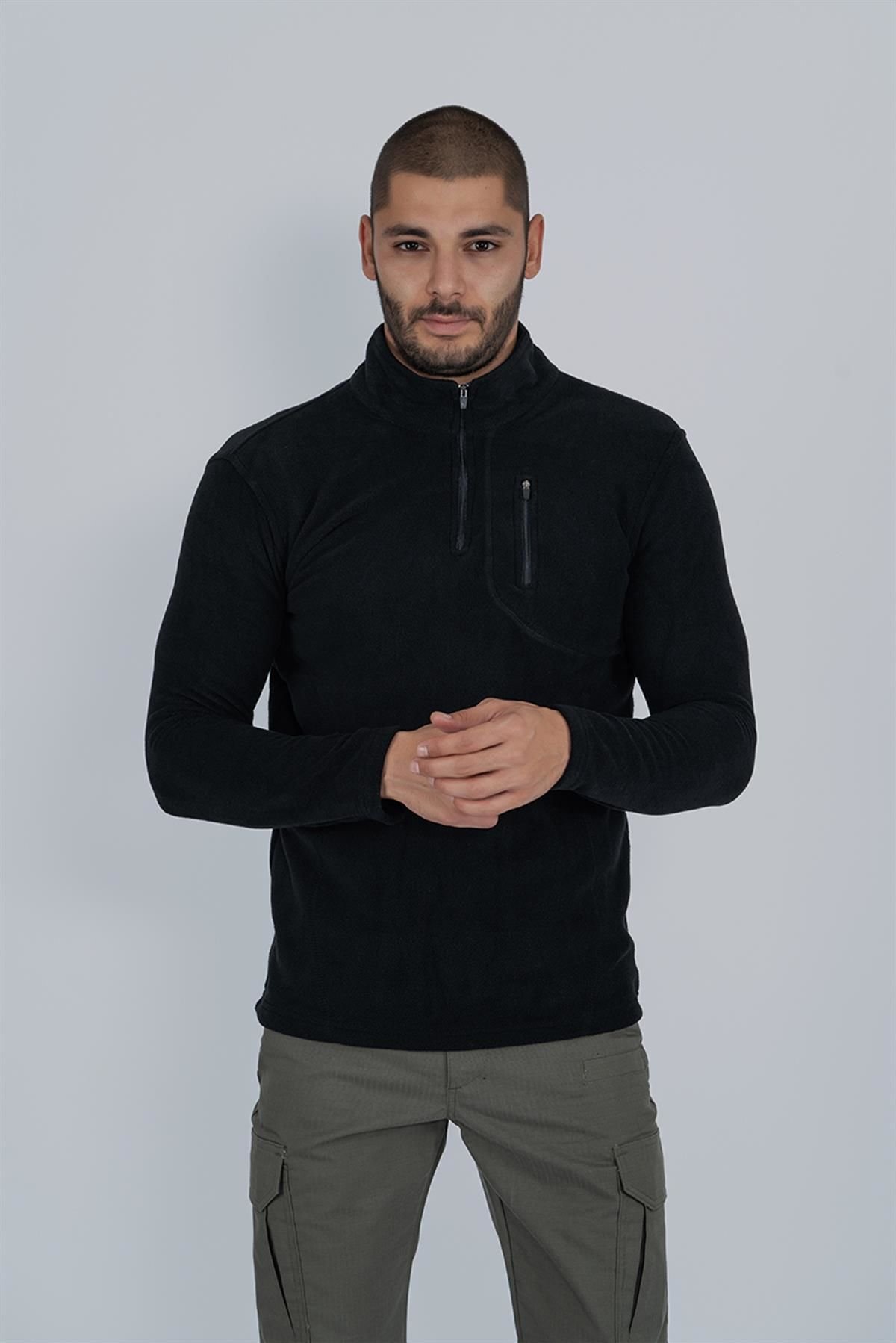 Taktik yarım fermuarlı sweatshırt polar anti pilling fit dik yaka polar SİYAH-903