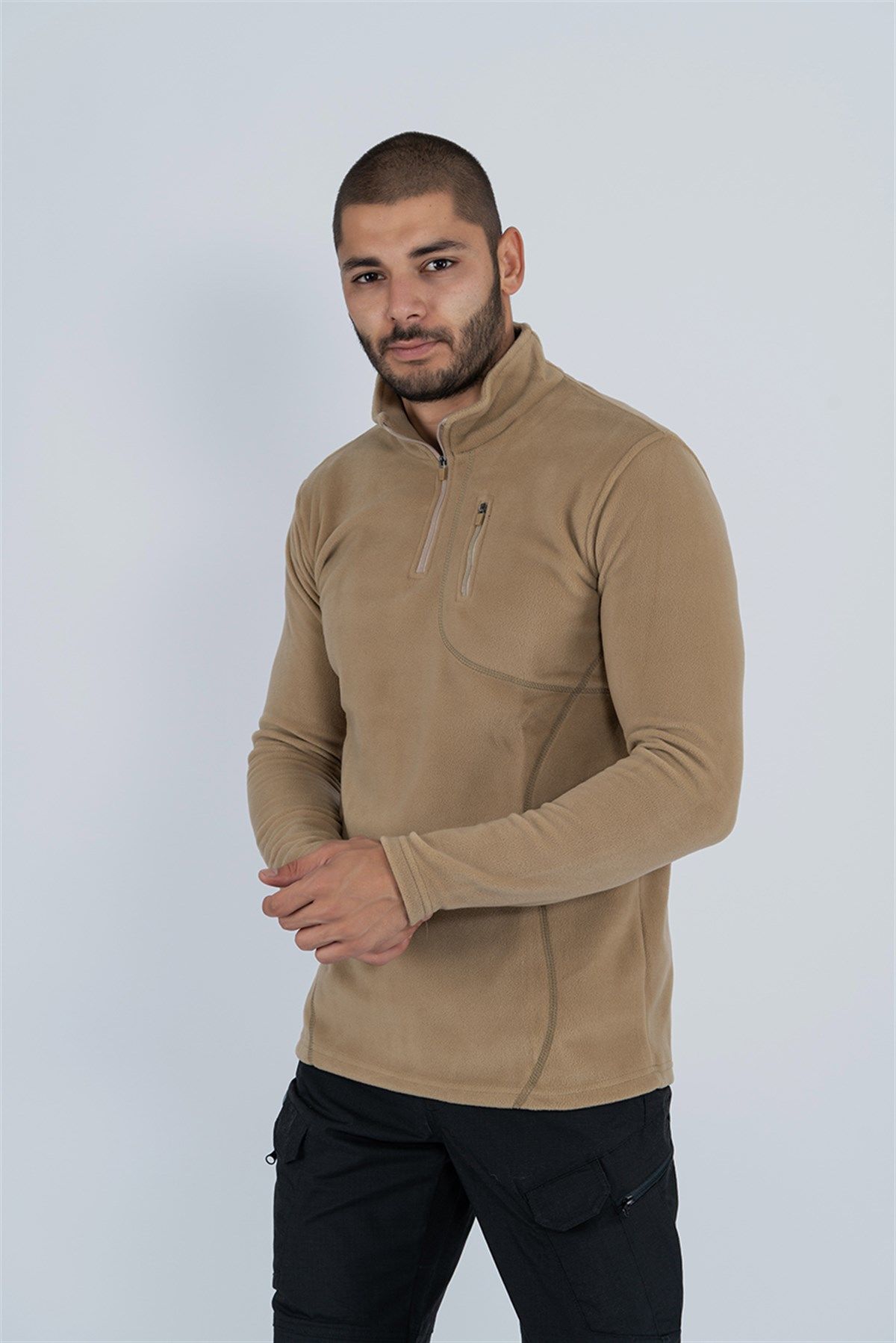 Taktik yarım fermuarlı sweatshırt polar anti pilling fit dik yaka polar bej-903