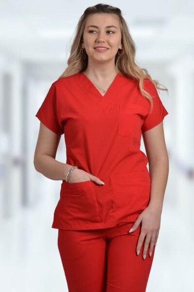 Kadın Likralı Kırmızı Doktor Hemşire Forması