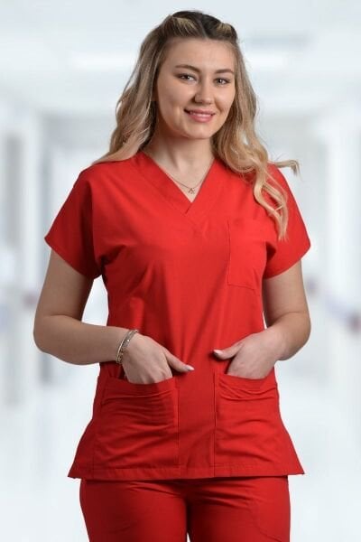 Kadın Likralı Kırmızı Doktor Hemşire Forması