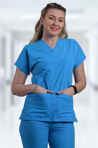 Terycoton Kadın Turkuaz Mavi Doktor Hemşire Forması