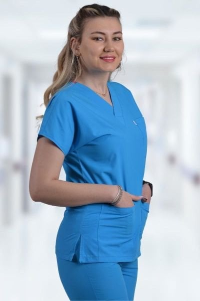 Terycoton Kadın Turkuaz Mavi Doktor Hemşire Forması