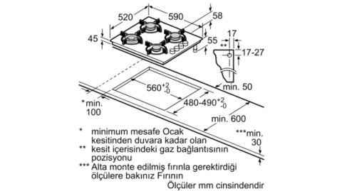Profilo OO36P6O90D Gazlı Ocak 60 cm Sert cam, Siyah
