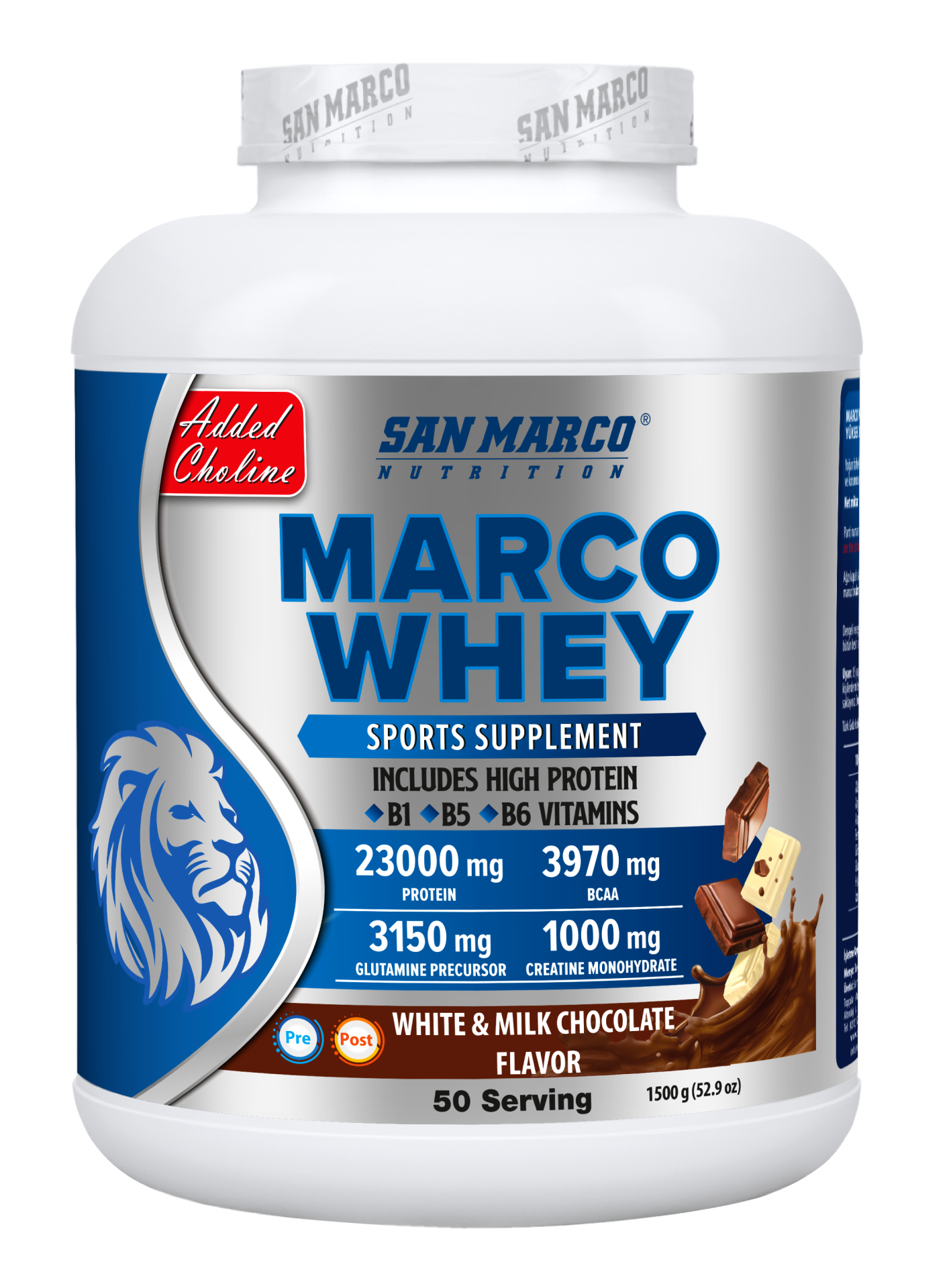 Sanmarco Marco Whey Protein Tozu Beyaz ve Sütlü Çikolata Aromalı 1500 Gr