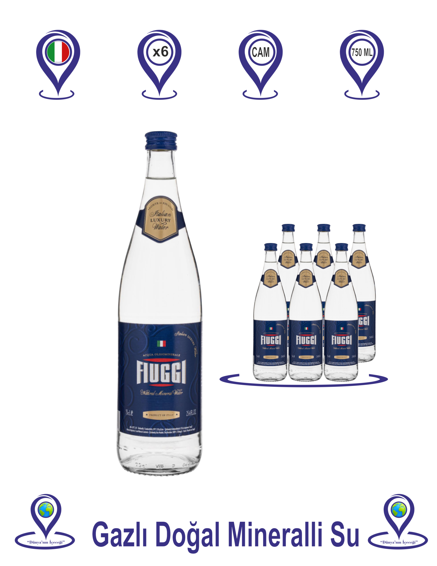 Fiuggi Gazlı Su Cam Şişe 750 ML X 6