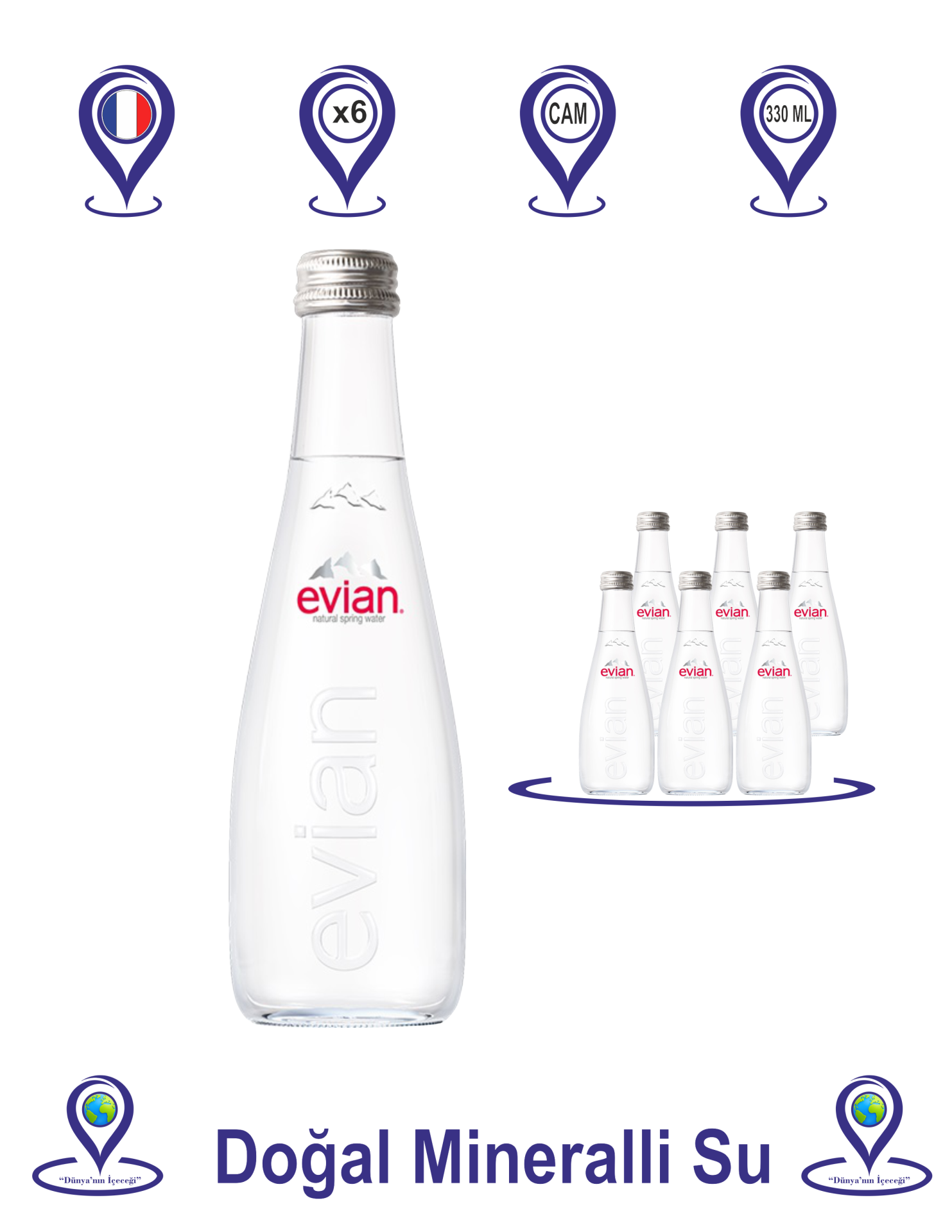 Evian Doğal Mineralli Su Cam Şişe  330 ML x 6