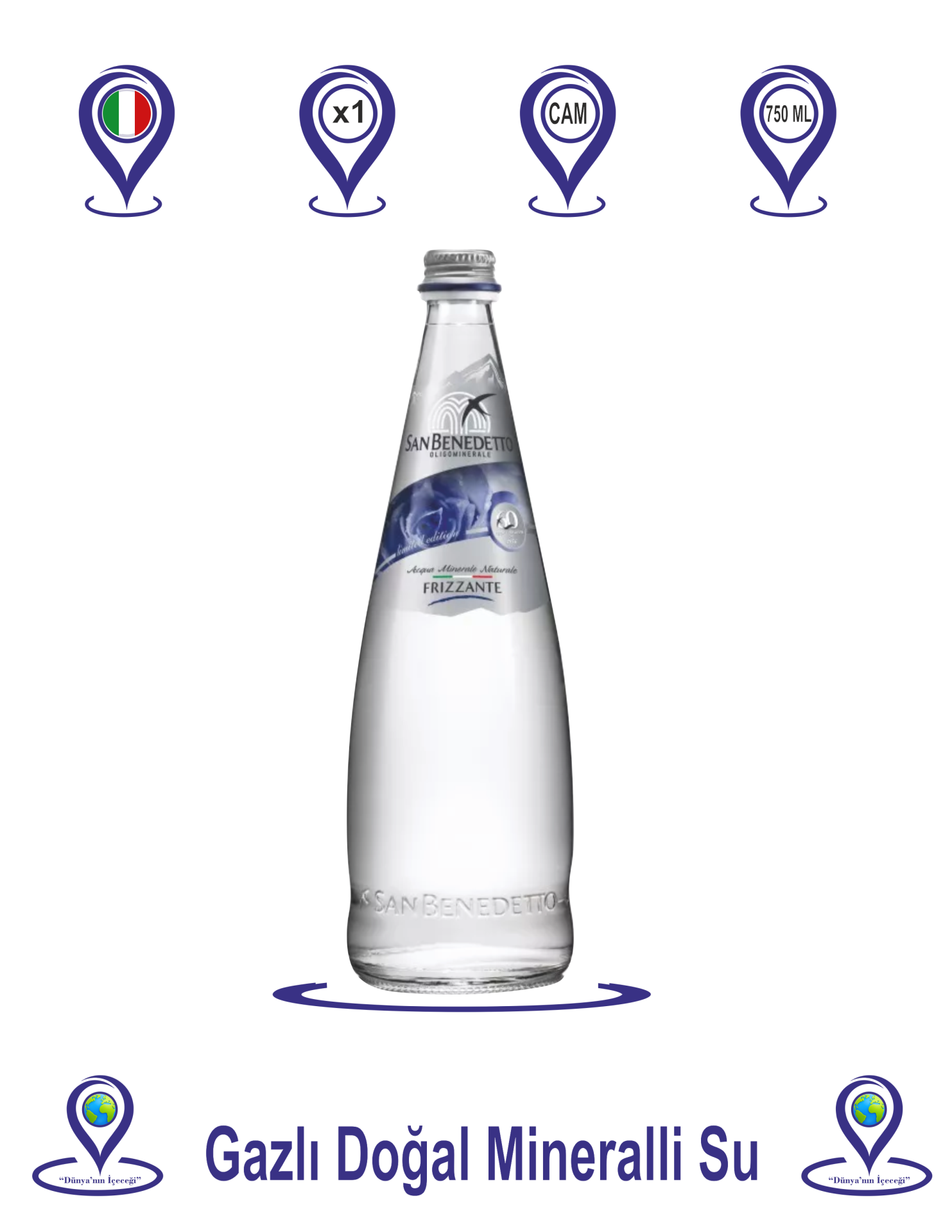 San Benedetto Doğal Mineralli Gazlı Su Cam Şişe 750 ML