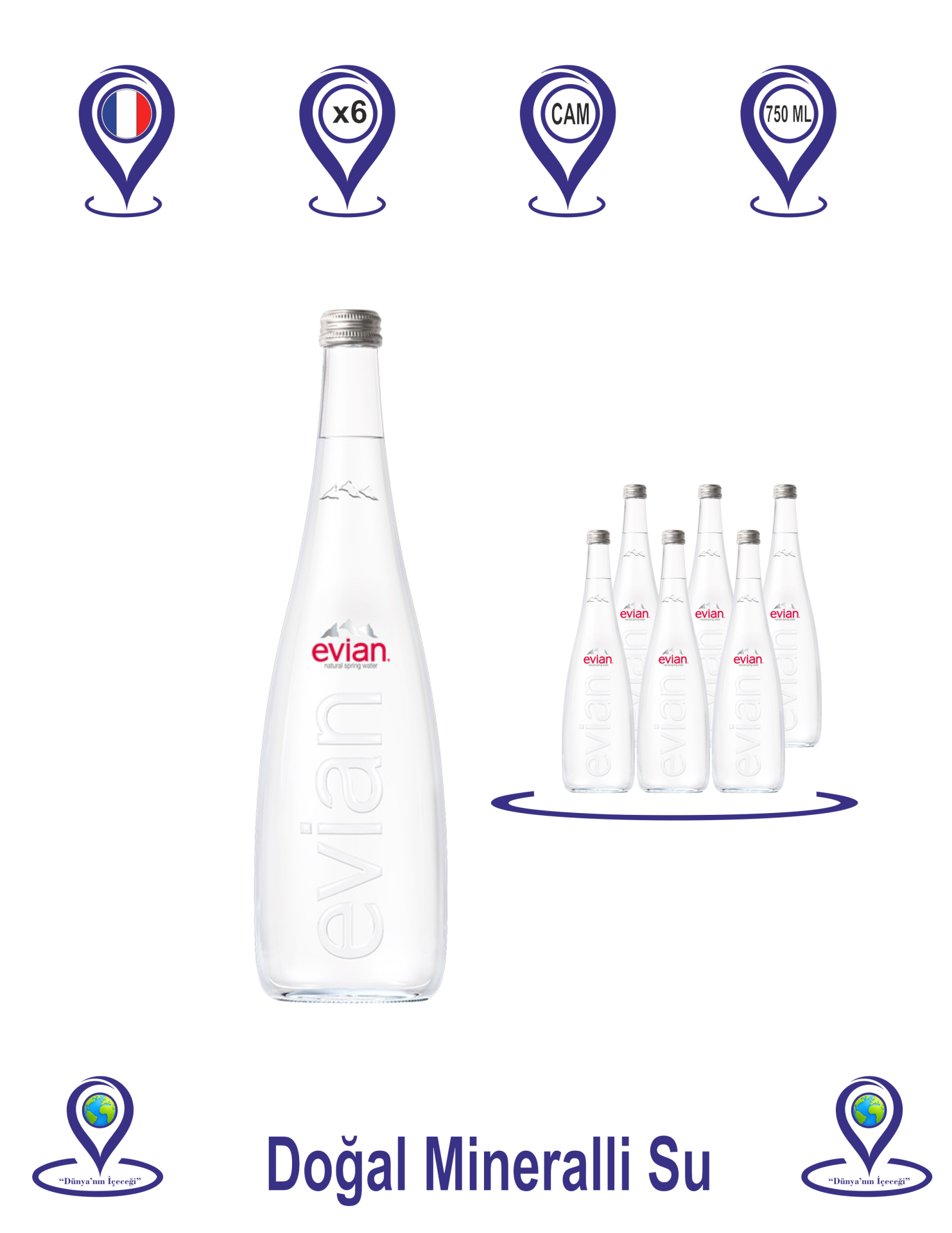 Evian Doğal Mineralli Su Cam Şişe  750 ML x 6