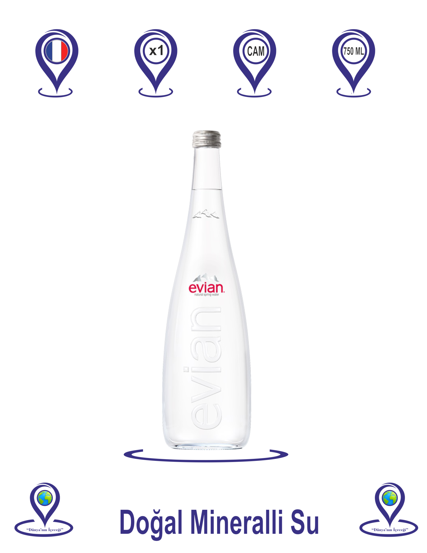Evian Doğal Mineralli Su Cam Şişe  750 ML