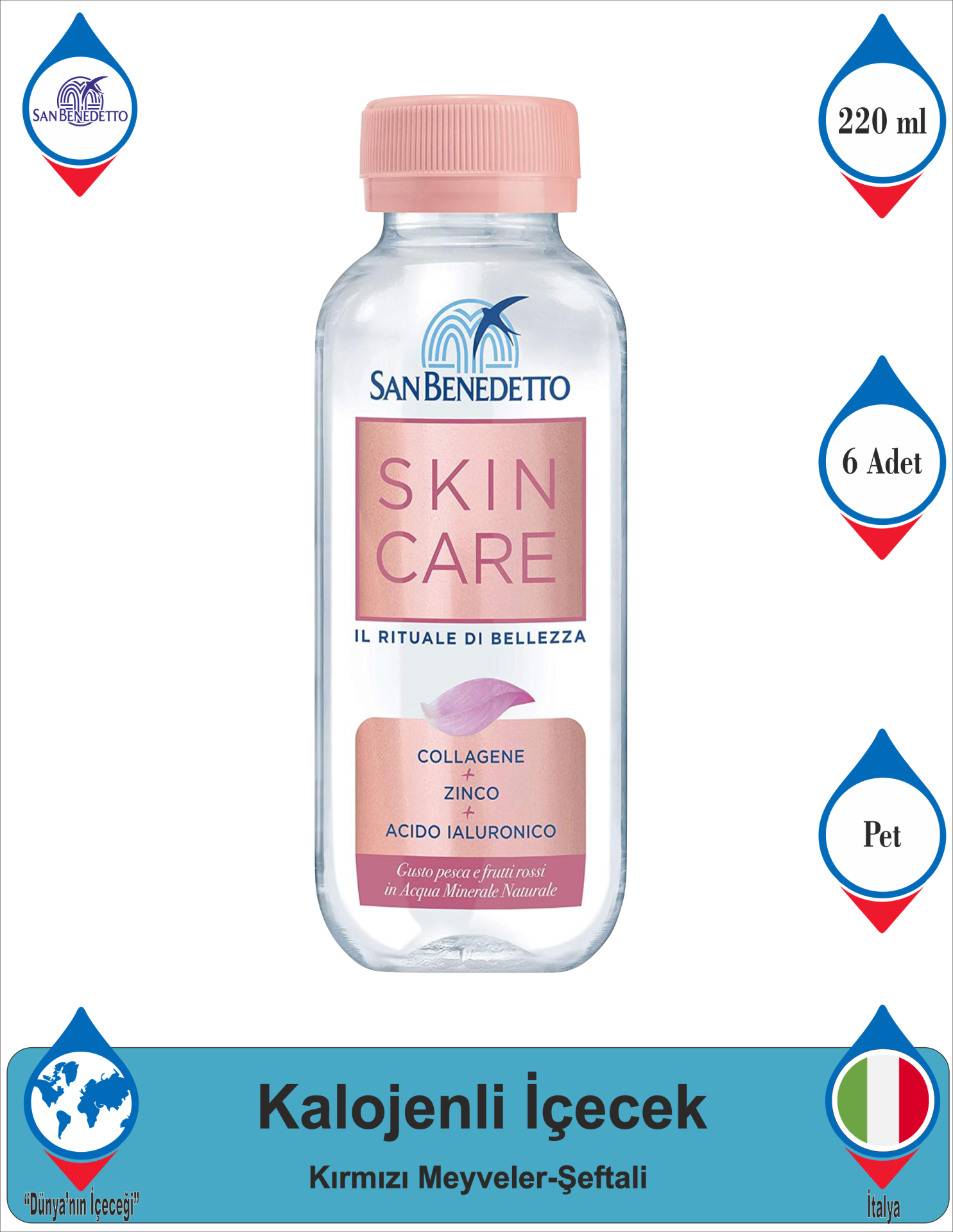 SAN BENEDETTO Hidrolize Sığır Kalojeni Çinko ve Hyaluronik Asit İçeren Kırmızı Meyveler ve Şeftali Aromalı İçecek 6 x 220 ML