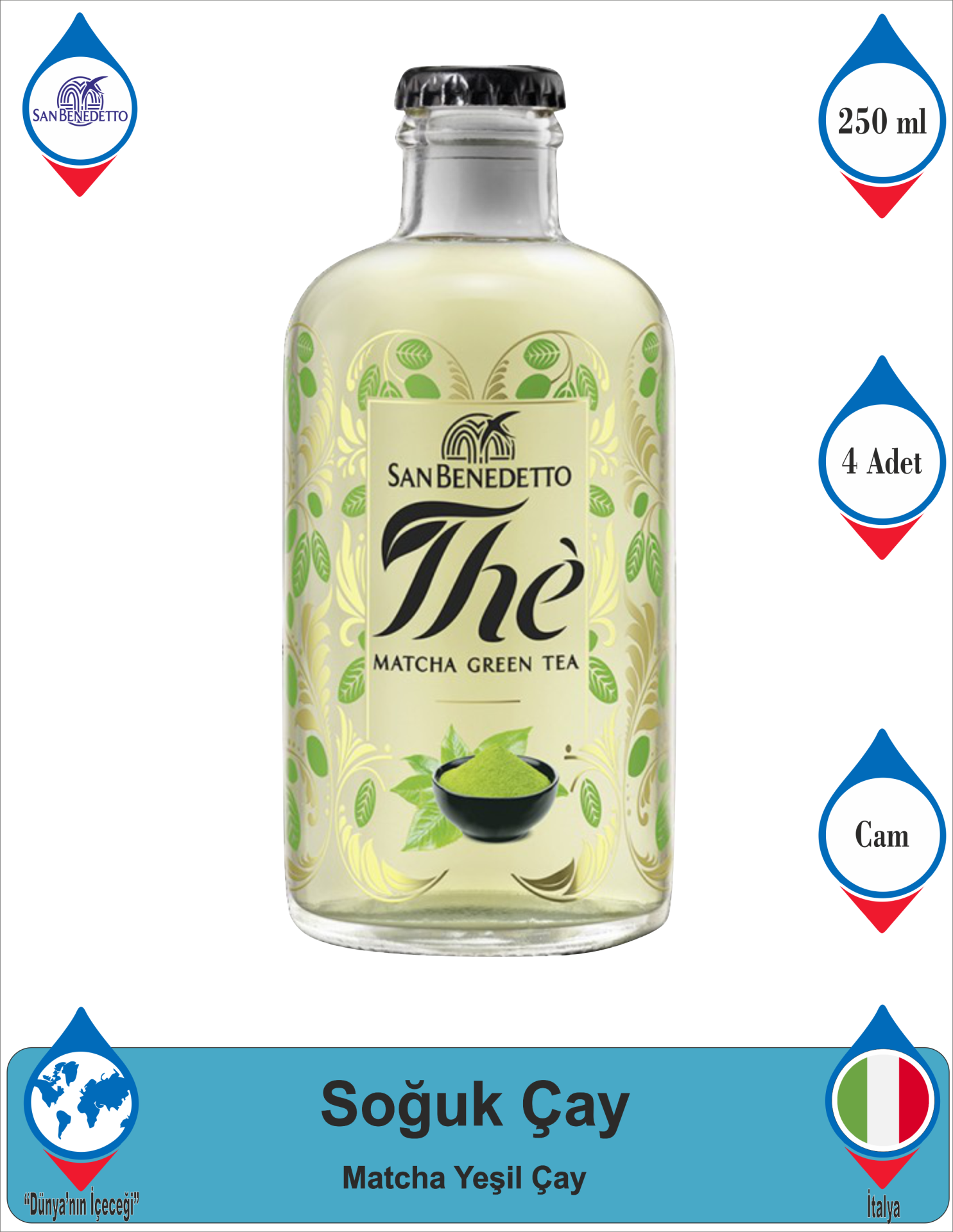 SAN BENEDETTO Yeşil Çay Aromalı Doğal Mineralli İçecek 250 ML x 4