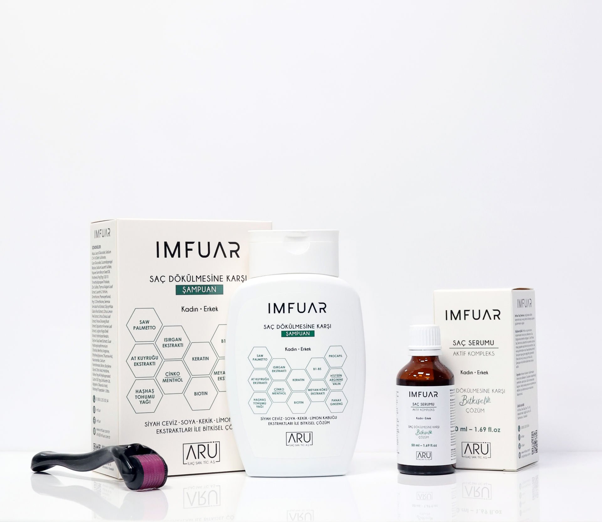 IMFUAR SAÇ SERUMU + IMFUAR SAÇ DÖKÜLMESİNE KARŞI BİTKİSEL ŞAMPUAN + DERMAROLLER