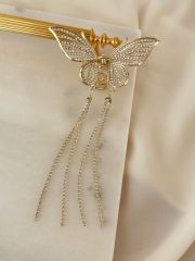 Gold Renk Kristal Taşlı Kelebek Figürlü Sallantılı Metal Mandal Toka Genişlik 8 cm.