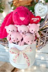 SOLE Premium Özel Hediye Kutusunda 45 cm Fuşya Bunny Tavşan ve 5 Adet Pembe Peluş Ayıcık Buketi