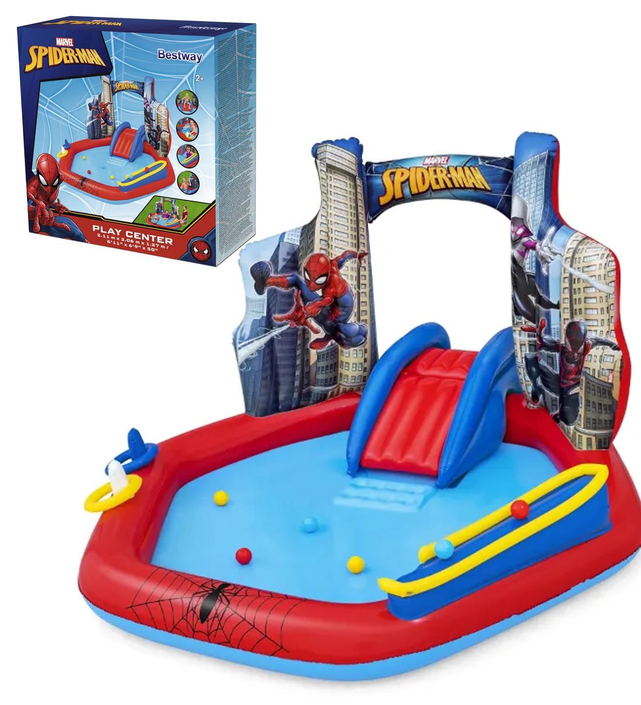 Bestway 98793 Lisanslı Spiderman Temalı Kaydıraklı Fıskiyeli AquaPark Şişme Eğlence Havuzu, 211x206x127cm