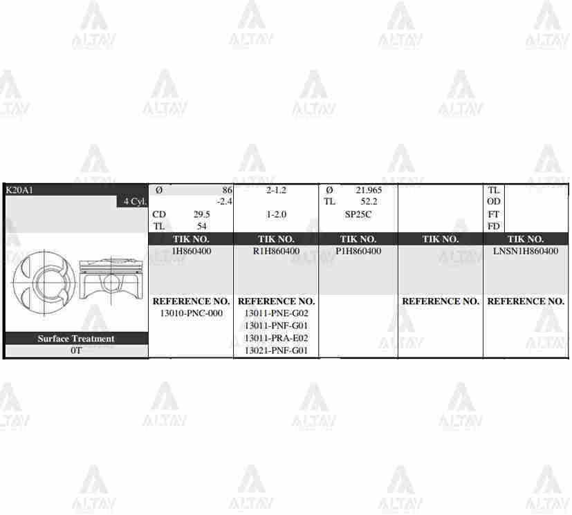 Piston Takım Crv 2.0L / 02-06 / 86.00Mm / K20A / Accord 2.0L 03-07 / Std 13010Pnc000