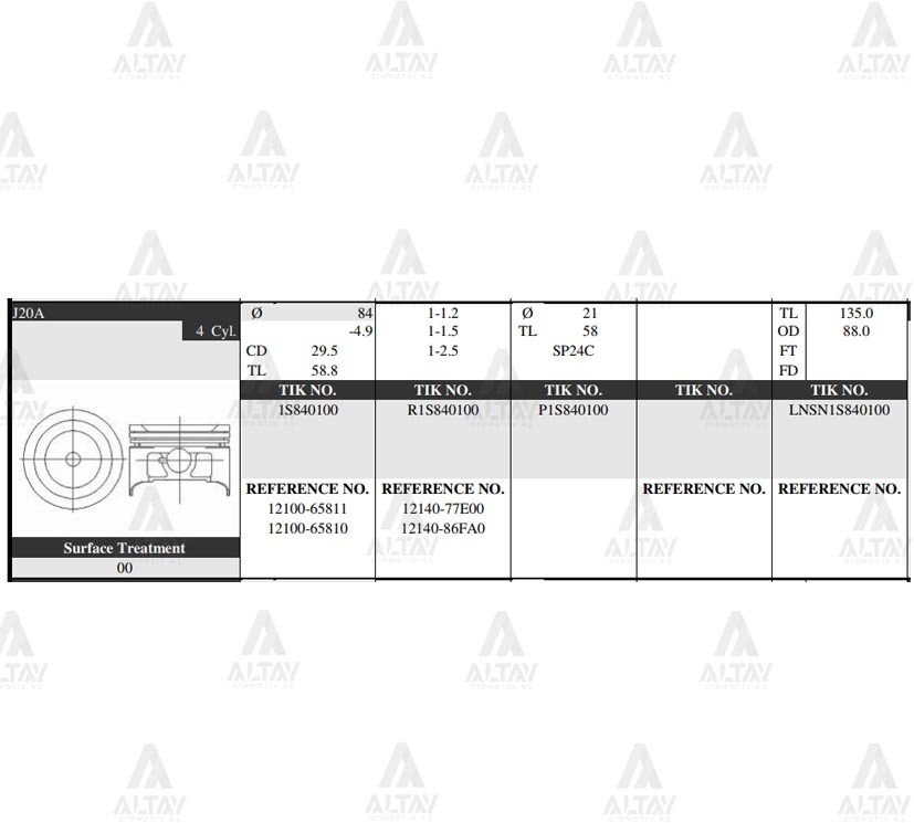 Piston Takım Grand Vıtara 2.0L / 06-10 / 84.00Mm / J20A / Std 1210065811