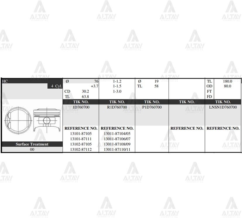 Piston Takım Terıos 1.3L /  97-01 / Charade 1.3L  96-98 / 76.00Mm / Std 1310187105
