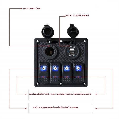 SWITCH PANEL 4 LÜ 12V,USB (L6S3)120*130mm