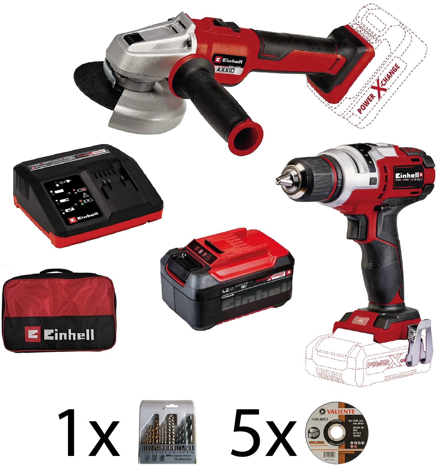 EİNHELL TE-CD 18 Li E Akülü Vidalama + AXXIO 18/115 Q Akülü Avuç Taşlama + 5,2 Ah Akü + FastCharger + Bez Çantalı Set