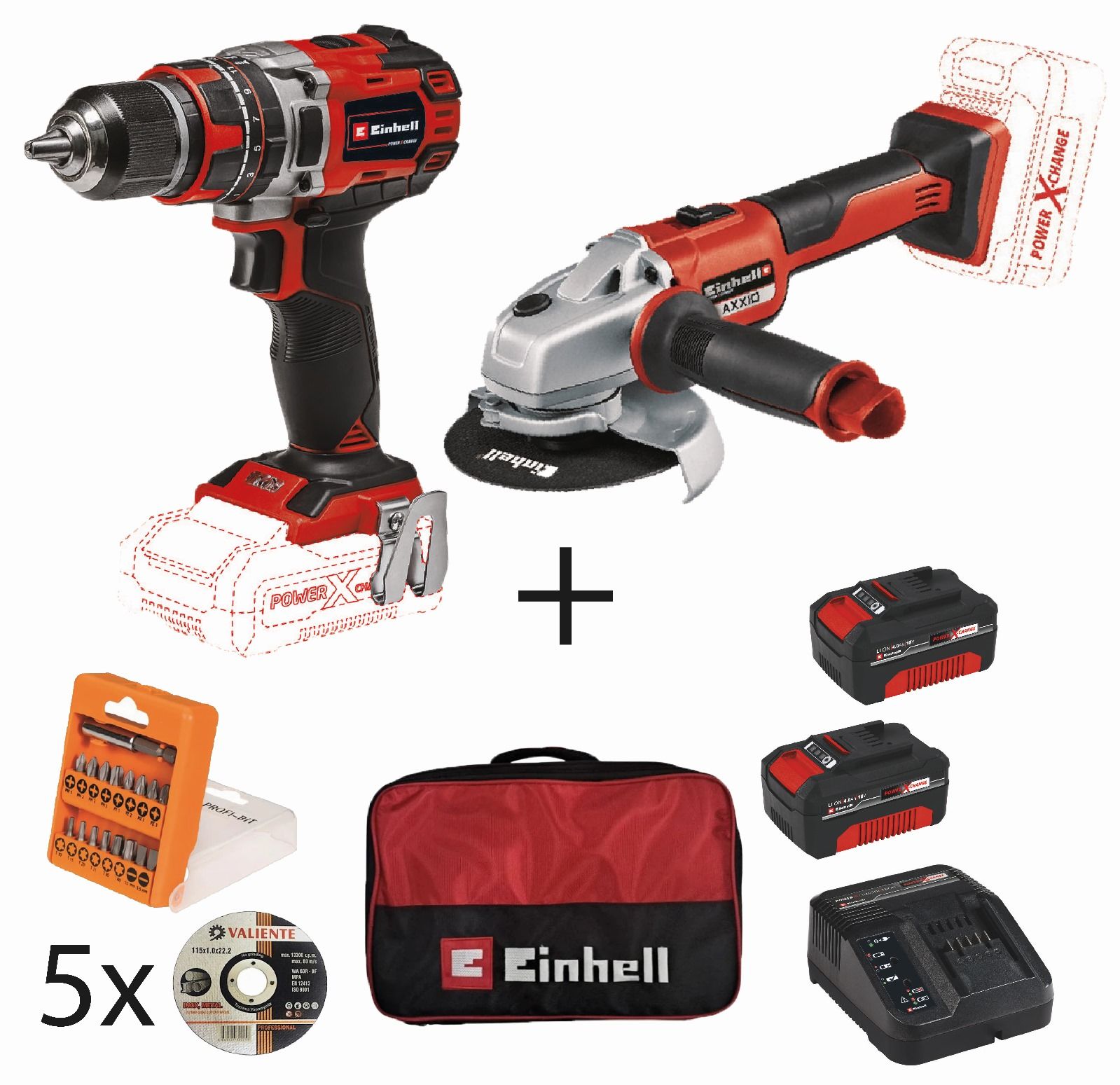 Einhell Te-Cd 18/50 li Bl Vidalama Matkap + Axxio  Taşlama + 2*4.0 Ah Akülü Set