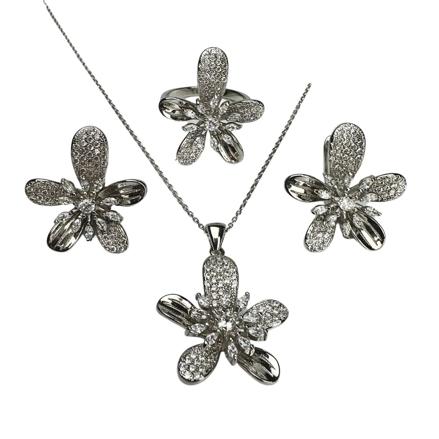 925 Ayar Gümüş Zirkon Taşlı Çiçek Tasarım Set Kolye Küpe Yüzük