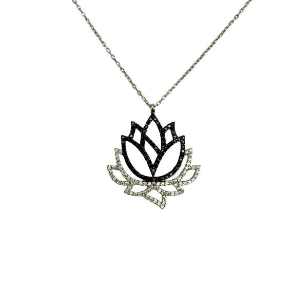 925 Ayar Gümüş Siyah Beyaz Taşlı Lotus Kolye