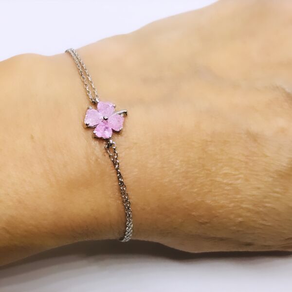 925 Ayar Gümüş Pembe Buz Quartz Taşlı Yonca Bileklik