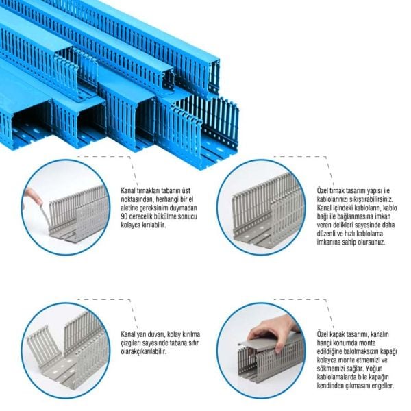 Mutlusan 60X40 Kablo Kanalı Delikli Mavi Yapışkan Bantlı
