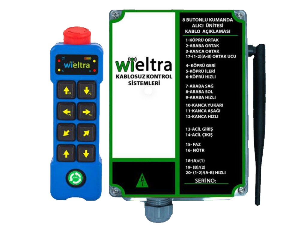 Kablosuz Vinç Kumandası 8 Butonlu Set 220 VAC Çift Hızlı Wieltra