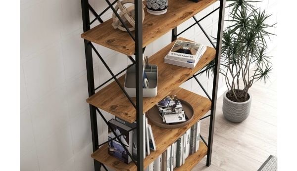 Luxe Metal Dekoratif Ceviz Kitaplık