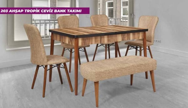 203 Ahşap Tropik Ceviz Banklı Mutfak Masa Takımı