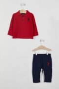 U.S. Polo Assn. Lisanslı Yaka Düğmeli Kırmızı Erkek Bebek Uzun Kol Sweatshirt Takım USB952