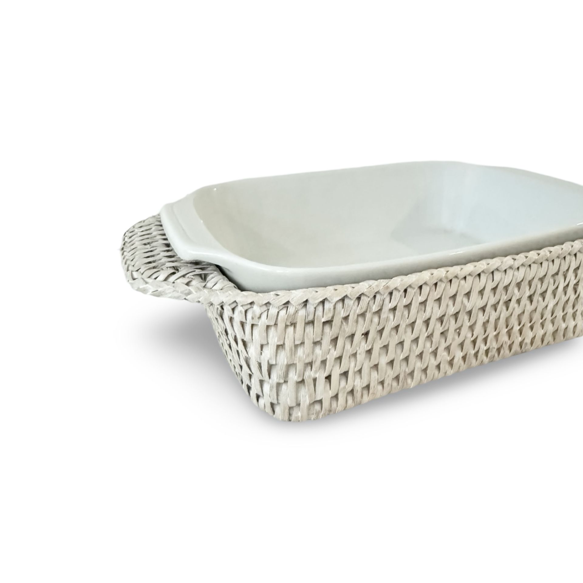 White Wash Mini Rectangular Porcelain Rattan Baker