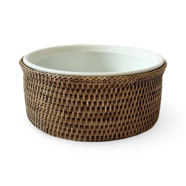 Honey Brown Round Porcelain Rattan Baker with Lid