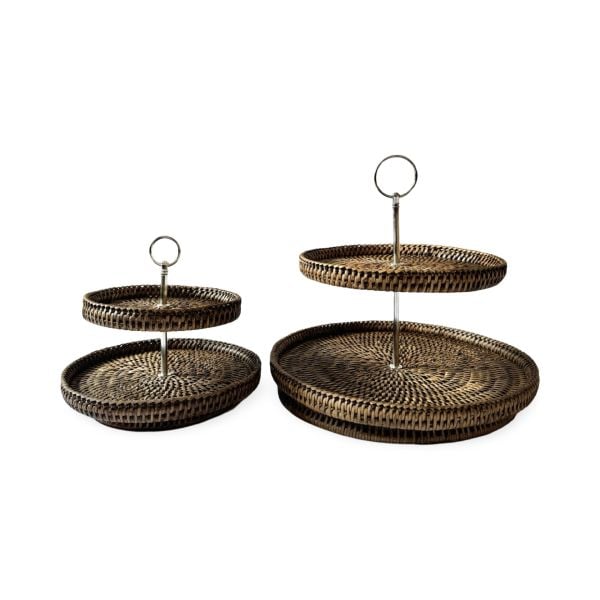 Dark Brown Two-Layer Large Rattan Display Tray with Linen Lined