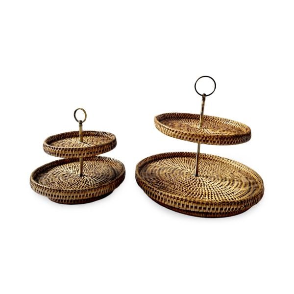 Honey Brown Two-Layer Small Rattan Display Tray with Linen Lined