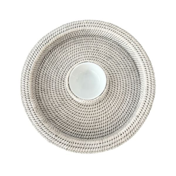 White Wash Rattan Snack & Dipping Tray with Porcelain Bowl