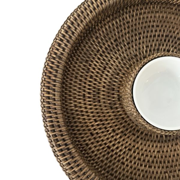 Mid Brown Rattan Snack & Dipping Tray with Porcelain Bowl