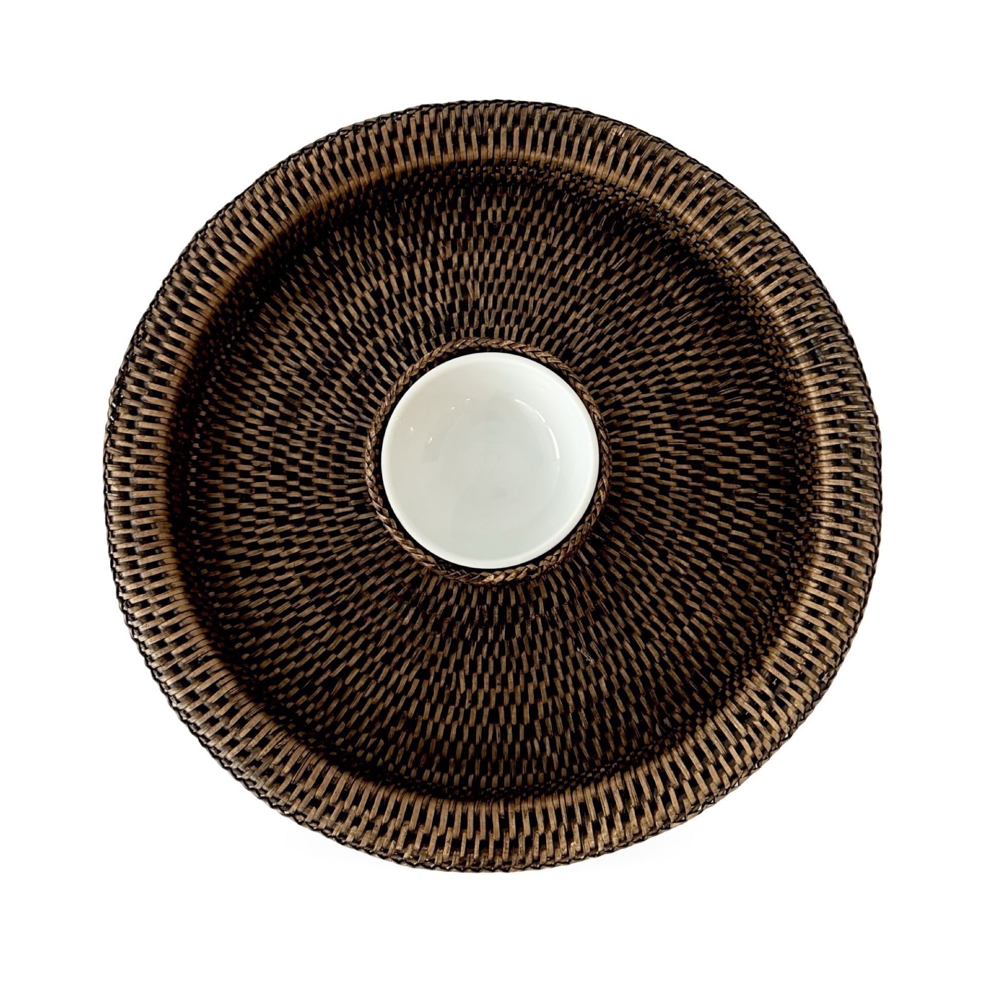 Dark Brown Rattan Snack & Dipping Tray with Porcelain Bowl